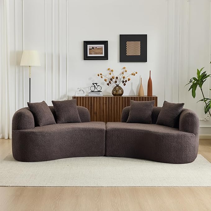 DEINPPA Curved Modular Sofa Couch with Pillows 4-Seater Teddy Cloud Couches for Living Room Apartment Office No Assembly Required-Brown