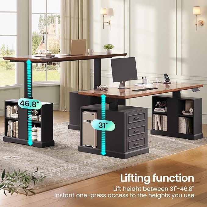 SEDETA Farmhouse Electric Standing Desk 63 Height Adjustable Computer Desk with 3 Drawers Storage Shelves Power Outlets Wood Home Office Stand up Desk for Work Study Writing Black