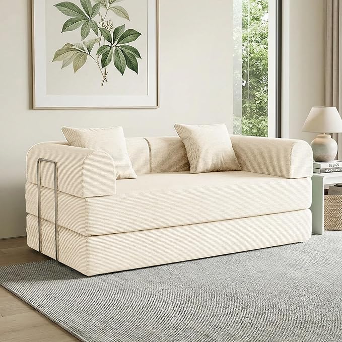 59'' Convertible Compressed Corduroy Folding Cloud Sofa Bed Modern Boneless Pull Out Loveseat Sleeper in a Box 4 in 1 Floor Mattress Futon Cloud Couch No Assembly Needed Beige 2 Pillows Queen