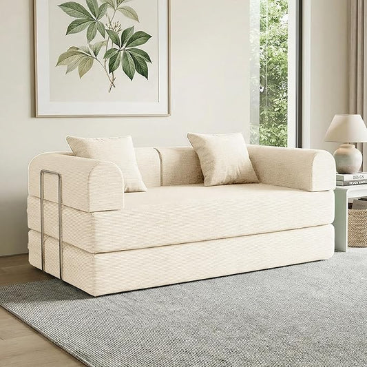 59'' Convertible Compressed Corduroy Folding Cloud Sofa Bed Modern Boneless Pull Out Loveseat Sleeper in a Box 4 in 1 Floor Mattress Futon Cloud Couch No Assembly Needed Beige 2 Pillows Queen