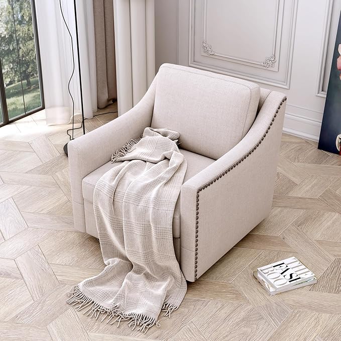 360 Degree Swivel Armchair Cotton Linen Skin-Friendly Fabric Ergonomic Design Brass Nail Decorative Armchair Living Room Chairs Bedroom Chairs Living Room Chairs Black Legs Suitable for Indoor Homes