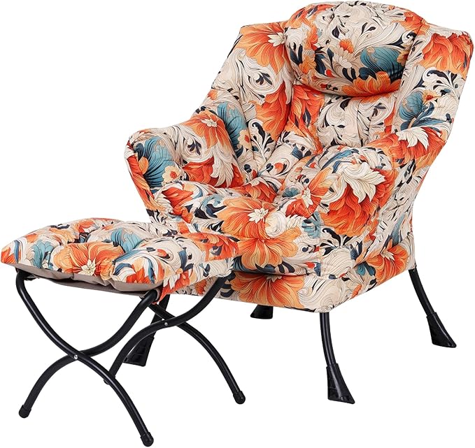 Welnow Lazy Chair with Ottoman Modern Accent Chair with Armrests and a Side Pocket Leisure Sofa Armchair Set Reading Armchair with Footrest for Small Space Orange Blue
