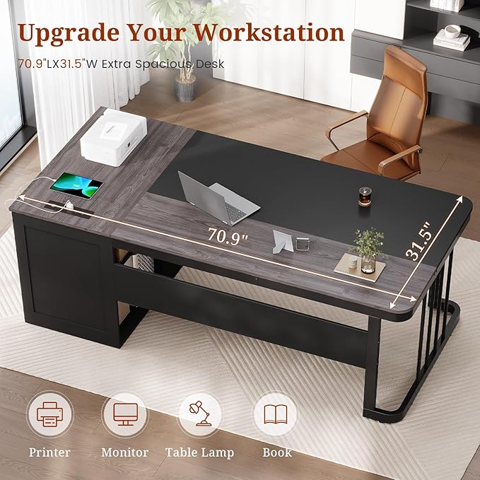 70.9 Executive Desk with Power Outlet Large Office Desk with Drawers &amp Lateral File Cabinet Modern Long Computer Desk with Adjustable Storage Shelves Workstation Business Furniture (Grey)