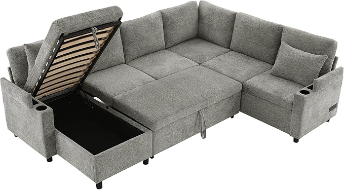 109.9 Modern Sectional Sofa Pull-Out Sofa Bed Sleeper with Storage Ottoman and 2 Cup Holders Chenille Convertible U-Shaped Couch Bed for Living Room (Light Grey-3.13)
