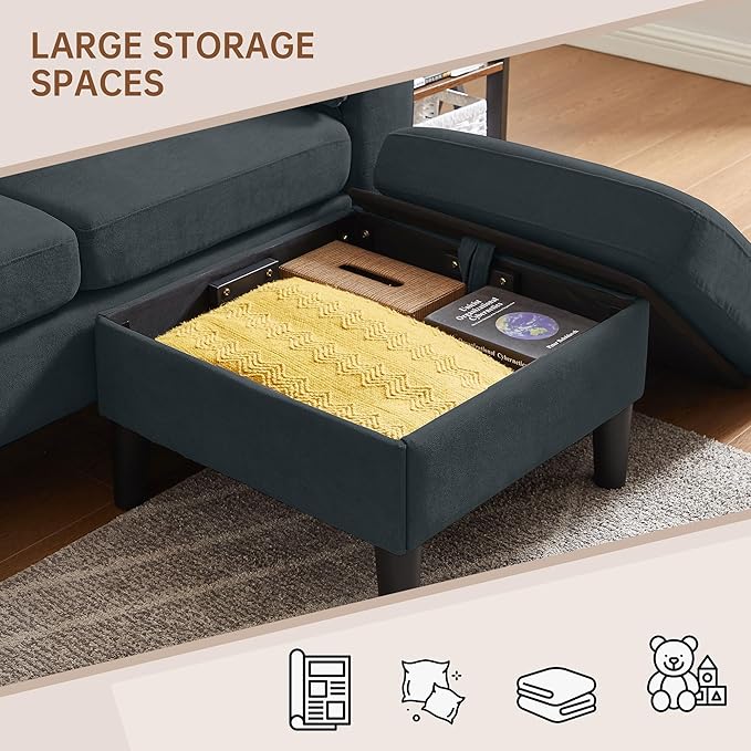 Sectional Sofa82 L Shaped 3 Seater Couch with Movable Ottoman Armrest Pillow Polyster Fabre for Small Spaces Dark Grey