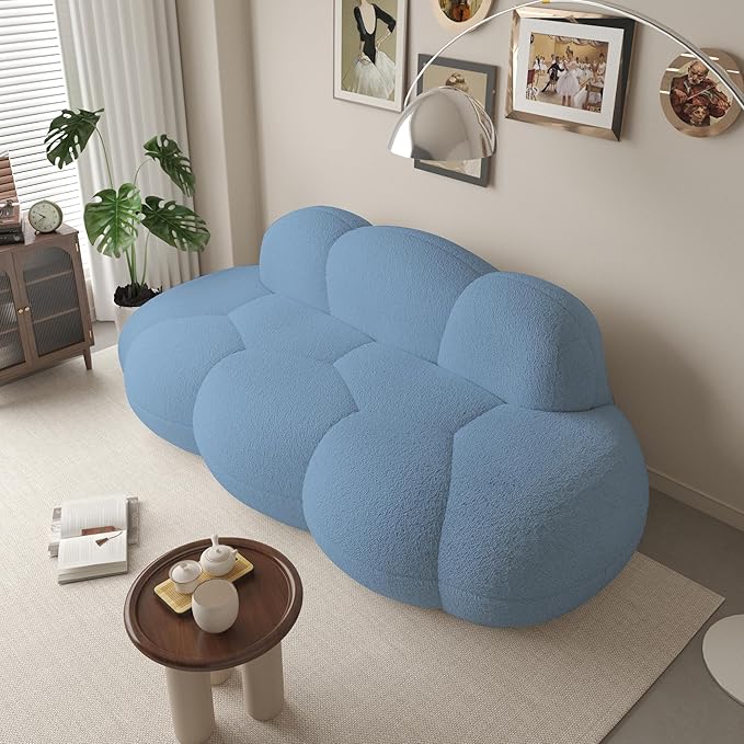 Boneless Small Couch for Bedroom 90 Modern Curved Boucle Couch Comfy Upholstered Cloud LoveSeat Floor Sofa Deep Seat Leisure Bubble Couches for Living Room Small Space (Blue No Installation)