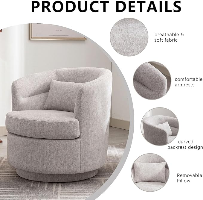 CANMOV Swivel Accent Chair 360 Degree Round Swivel Barrel Chair with Pillow Upholstered Comfy Barrel Armchair Single Club Sofa Chair for Living RoomBedroom Reading Room Grey