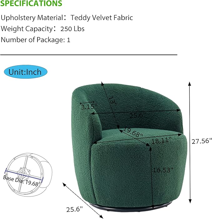 Homtique Small Swivel Barrel ChairComfy Round Club Chairs for Living Room Bedroom360 Degree Swivel Single Sofa Lounge Accent Chair Boucle Armchair for ApartmentHotel (Teddy-Green)