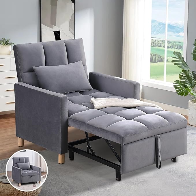 70'' Convertible Chair Bed Extra Long Teddy Fabric Single Pull Out Sofa 4 in 1 Adult Sleeping Recliner With Pillow Adjustable Backrest Gray