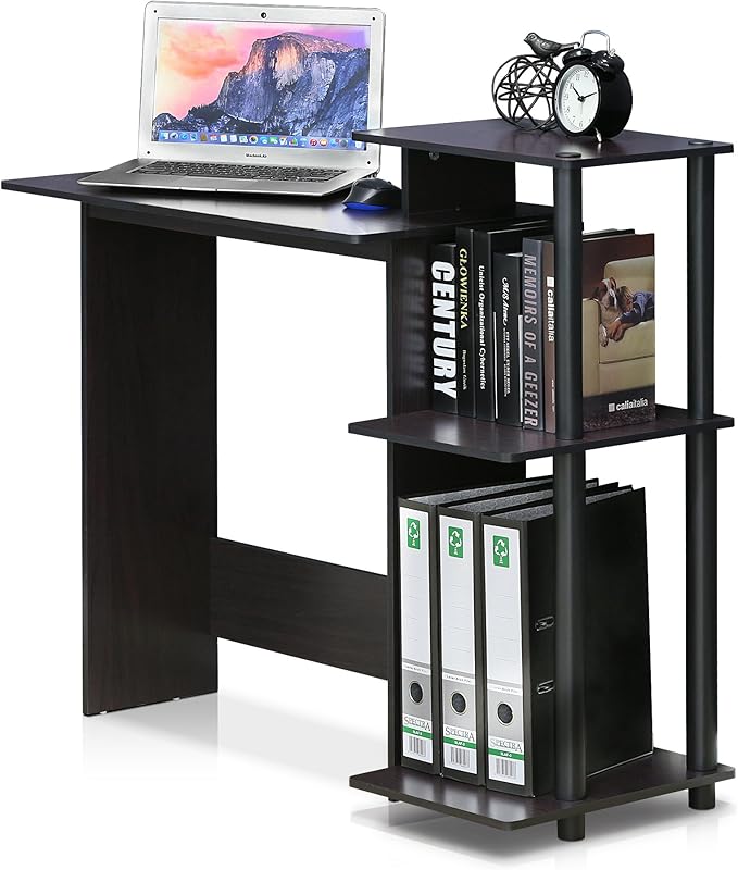 Furinno EFFICIENT Desk 28.6 Wide Gaming Desk with 3 Open Side Shelves Laptop Notebook Computer Desk Office Desk for Home Office Study Room Dorm Bedroom Dark Walnut