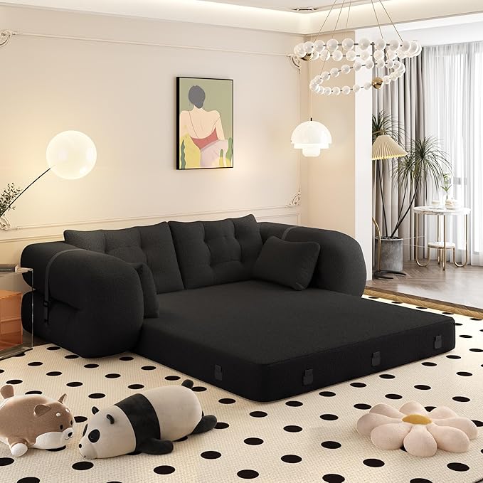 Polibi 78.7 Foldable Sofa Bed 3-in-1 Convertible Floor Couch Sleeper with Removable Teddy Fabric Cover &amp 4 Pillows – Multi-Functional Foam-Filled Sleeper for Living RoomNo Assembly Required (Bl