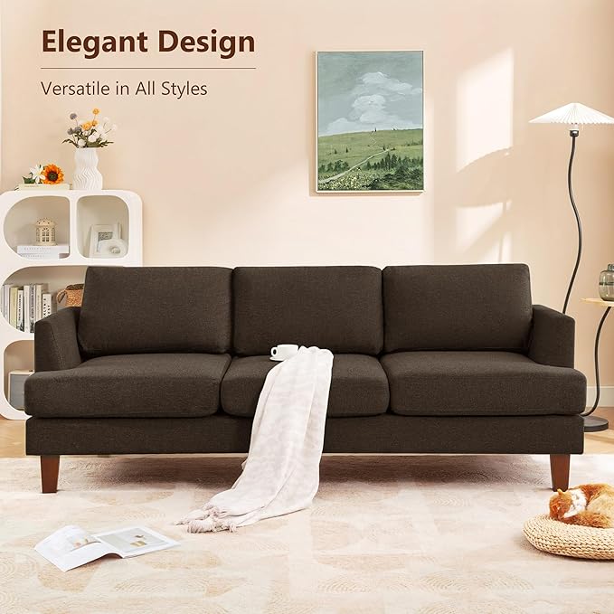 3 Seater Sofa Couch with Deep Seats 89 Mid Century Modern Upholstered Sofa with Armrests Comfy Couches for Living Room Bedroom and Office Linen Fabric Apartment Couch (Linen Brown)