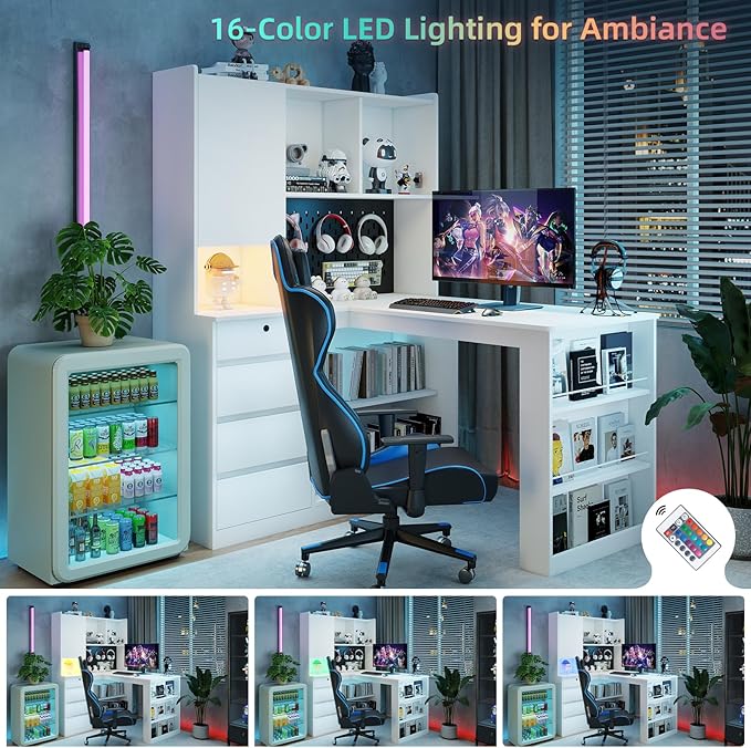 L Shaped Desk with Hutch and 4 Drawers Computer Desk with USB Ports Power Outlets &amp LED Light Wood Corner Computer Desks with Storage Shelves for Home Office White Right Long