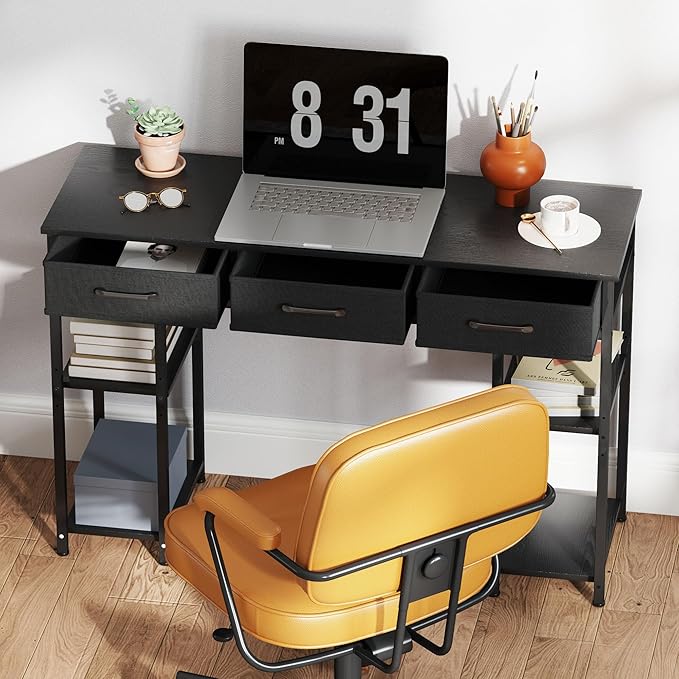 HOMCOM 47 Computer Desk with 3 Fabric Drawers Home Office Desk with Adjustable Shelves Small Writing Desk with Storage Black