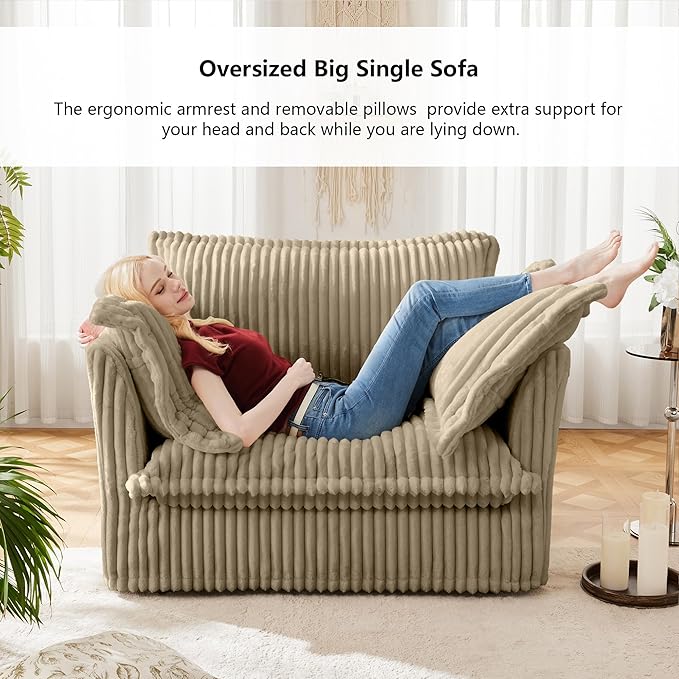 Aoowow Oversized Modular Sectional Sofa Chair 49” Corduroy Fabric Single Armchair Comfy Deep Seat Couch Sofa with Big Toss Pillows for Living Room Apartment Office(Camel-Corduroy)