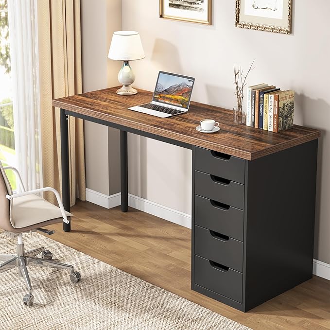 Tribesigns Computer Desk with 5 Drawers 47 inches Rustic Brown Home Office Desk with Storage Modern Simple Laptop Desk Study Writing Table for Small Spaces (1 Brown+Black)