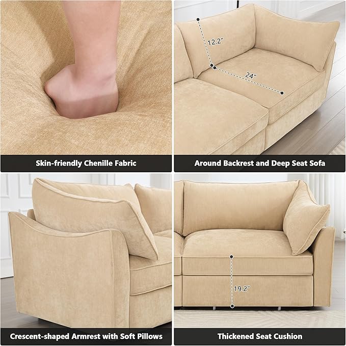 Modular Sectional Sofa with Pull out Storage Drawers 146.4 Comfy Upholstered Chenille 4-Seat Sofa Oversized Deep Storage Seat Couch 2 Armrest Pillows for Living Room Bedroom Apartment Wheat
