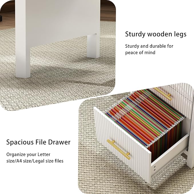 White Computer Desk with Storage: 54 Wooden Executive Office Desk with 4 Drawers Home Office Desks with File Drawers Fluted Writing Desks for Study Living Room
