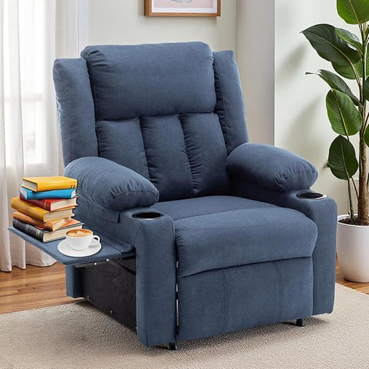 Power Recliner Chair Upholstered Recliner Heating Vibration Massage with Side Pockets Side Table &amp 2 Cup Holders for Living Room &amp Home Theater (Navy)