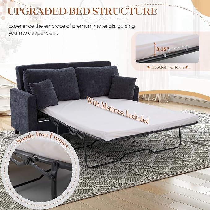 Antetek 72-inch Pull Out Sofa Bed with Mattress Convertible 2-in-1 Folding Full Size Chenille Futon Comfy Loveseat Sleeper Sofa Couch Bed with Square Arms for Guest Room Living Room Bedroom Grey