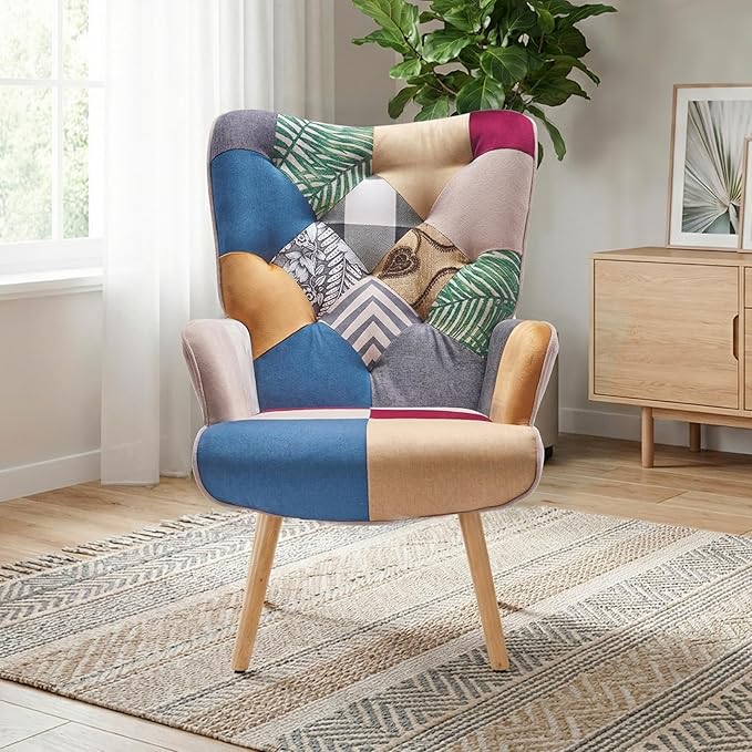 Joysoul Living Room Accent Chair Modern High Back Arm Chair Colorful Plaid Bohemian Style Chairs for Bedroom Waiting Room