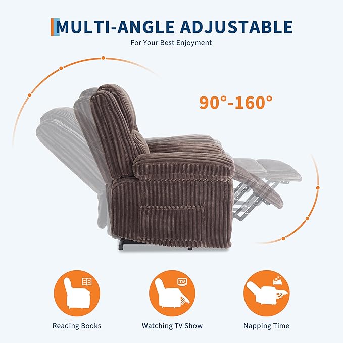 Garvee Corduroy Recliner Chair Manual Recliner Sofa with Handle Pillow Top Arms Thick Padding Side Pocket 330Lbs Capacity Adjustable Recliner for Living Room Bedroom Home Theater Brown