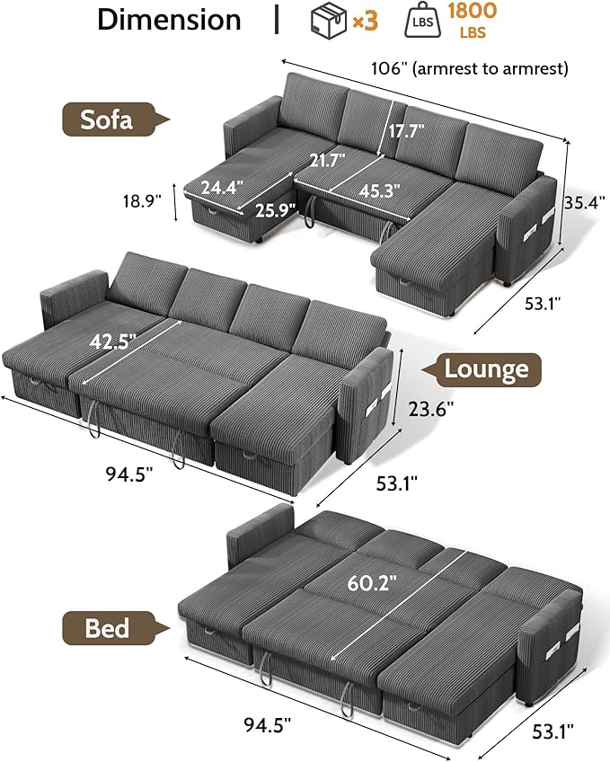 WEUP 106 U Shaped Sectional Sleeper Sofa Bed with Pull Out Bed Sectional Sleeper Couch Pull Out Couch with Reclining Backrest/Reversible Storage Chaise/USB Ports/Tool-Free Assembly Corduroy Grey