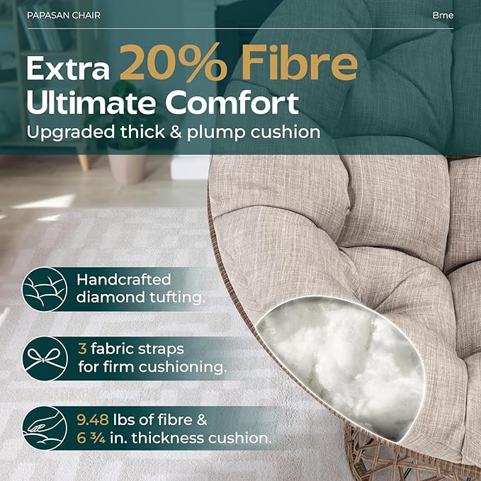 Bme 40 Ergonomic Wicker Papasan Chair with Soft Thick Cushion &amp Frame 360° Swivel Circle Reading Comfy Chair for Living Room Bedroom