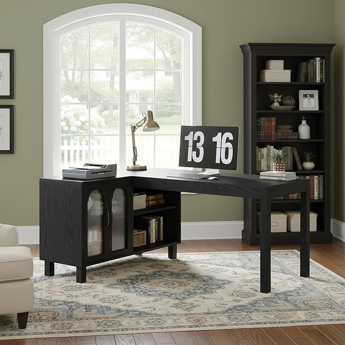 Tribesigns 59 L Shaped Desk with File Cabinet Executive Office Desk with Storage Shelves Modern Wood Computer Desk Coner Writting Desk for Home Office Work Study (Black)