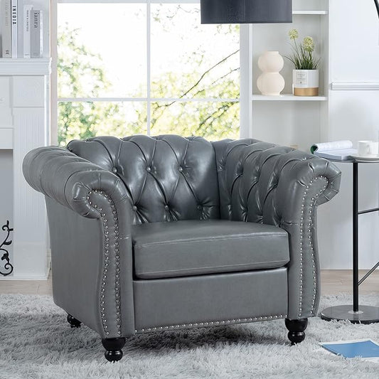 Chesterfield Leather Chair Single Tufted Sofa Club Chair Throne Chair Vintage Living Room Furniture Accent Rolled Arm Chairs for Bedroom Apartment Gray PU