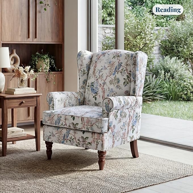 EROMMY Floral Accent Chair Comfortable High Back Upholstered Armchair with Solid Wood Legs Leisure Single Sofa Chair for Living Room Bedroom Home Office Light Blue Floral&ampBird