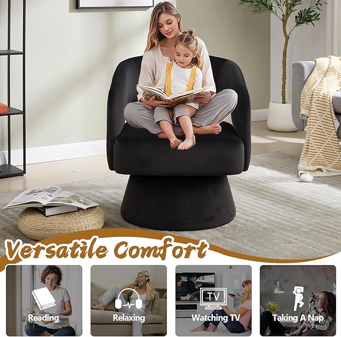 Swivel Accent Chair with Arms for Living Room Swivel Barrel Chairs with Backet for Small Space Velvet Round Chair for Bedroom (Black)