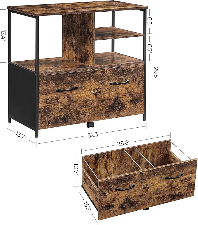 VASAGLE Lateral File Cabinet for Home Office Filing Cabinet with Open Shelves and Drawer for A4 Letter and Legal Sized Documents Printer Stand Rustic Brown and Ink Black UOFC043B01