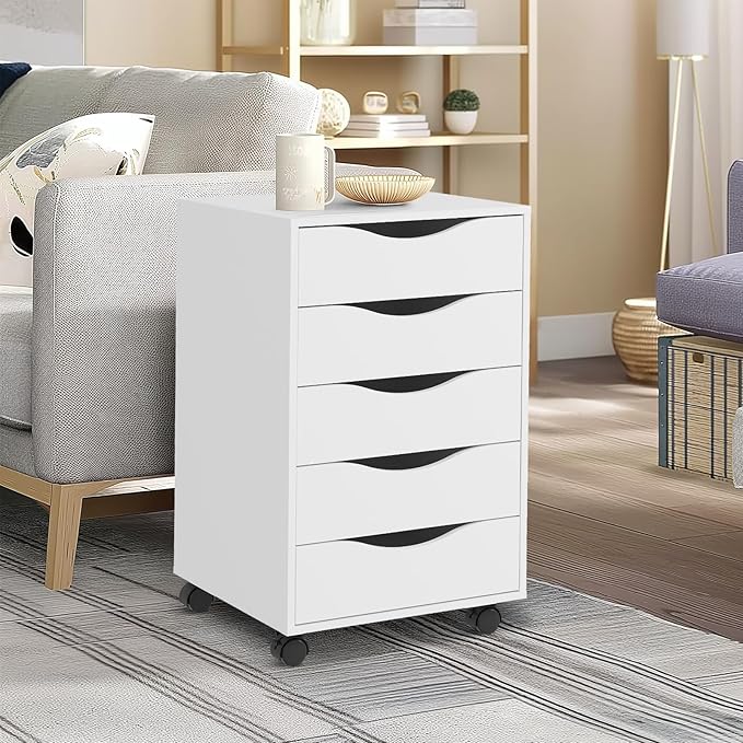 QDSSDECO 5 Drawer Chest Wood File Cabinet Rolling Storage Dresser with Wheels for Home Office White