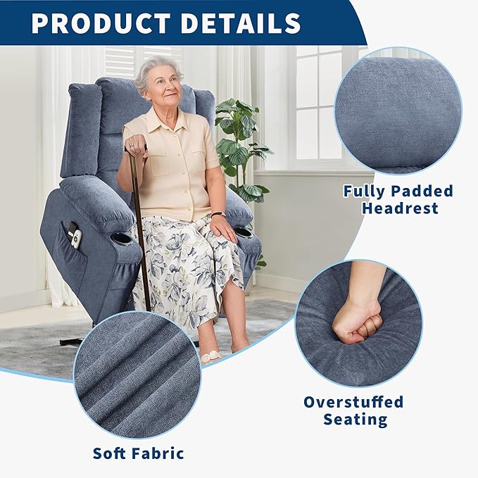 Large Power Lift Recliner Chair for Elderly with Massage and Heat 3-Position Adjustable USB Ports 2 Side Pockets 2 Cup Holders for Living Room Bedroom Blue