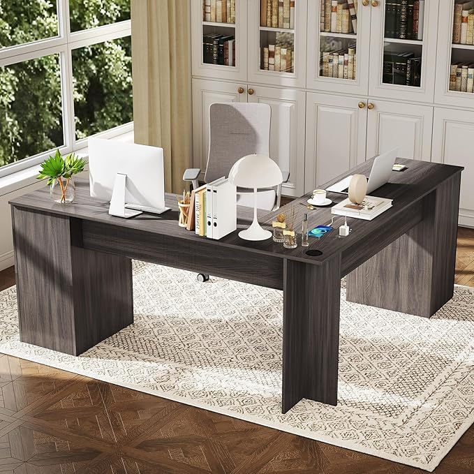 Tangkula 66” x 66” L-Shaped Office Desk with Power Outlets Modern Home Office Computer Desk with 2 Drawers Cabinet Adjustable Shelf &amp Keyboard Tray Corner Executive Desk for Working Writing