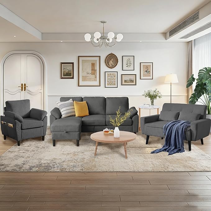 4 Pieces Corduroy Living Room Sets with Sofa Ottoman Loveseat and Chair