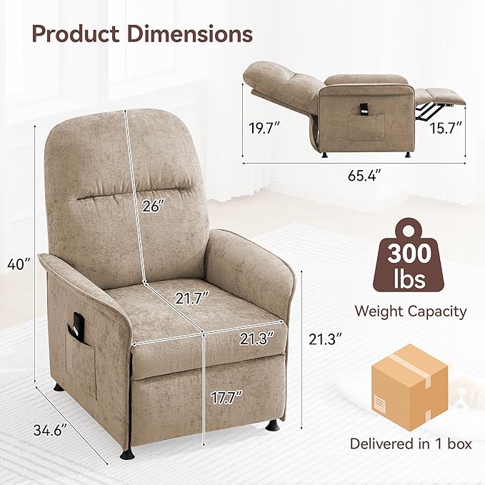Power Recliner Chair for Adults Modern Reclining Single Sofa with Curved Armrest Comfy Ergonomics Electric Recliner with Side Pockets Adjustable Reading Chair for Living Room Bedroom Chenille Tan