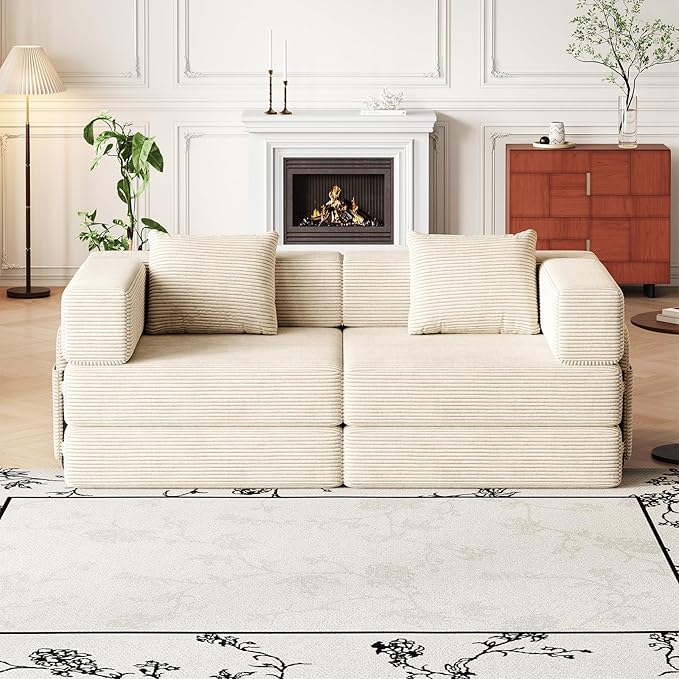 KINFFICT 72 inch Sectional Sleeper Sofa Modular Futon Folding Loveseat Floor Sofa Bed Convertible Comfy Corduroy Memory Foam Couch Bed with Side Pockets for Guest Room Bedroom Living Room Beige