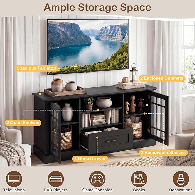 Tangkula Farmhouse TV Stand for TV up to 65 70 Inches Tall Media Console Table with 2 Glass Storage Cabinets 1 Drawer &amp 2 Open Shelves Wooden Entertainment Center for Living Room (Black)