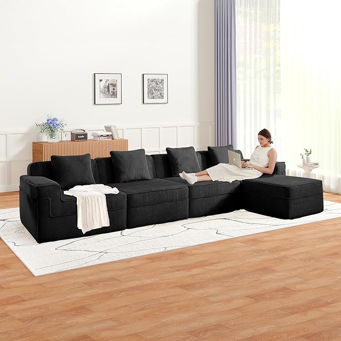 153.5 Boneless Sofa with Ottoman L-Shape Corduroy Fabric Sectional Couch Couch in a Box for Living RoomNo Assembly Required