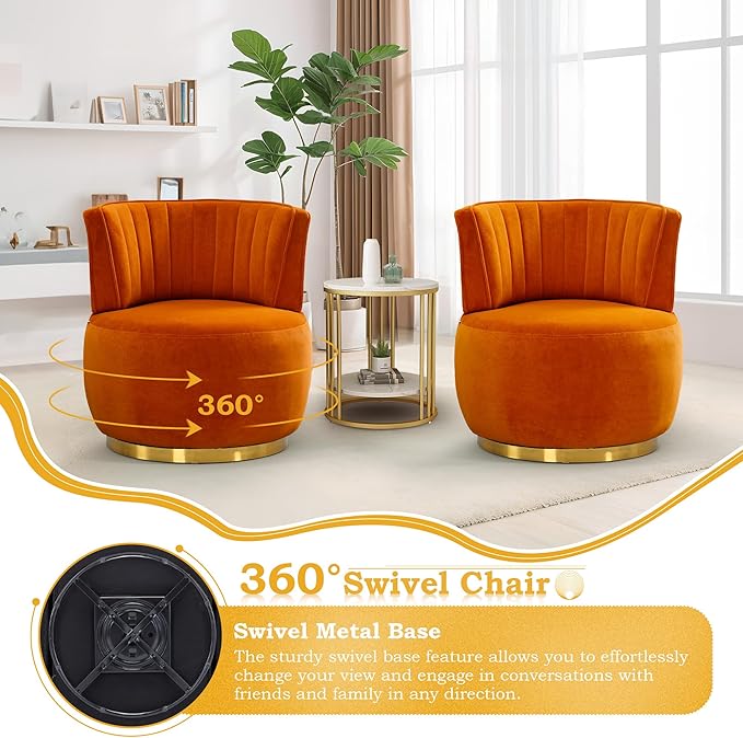 SLEERWAY 360° Swivel Barrel Chair Modern Velvet Round Accent Chair Comfy Upholstered Small Armchair with Gold Metal Base for Living Room Bedroom Nursery Office Sillas para Sala Orange