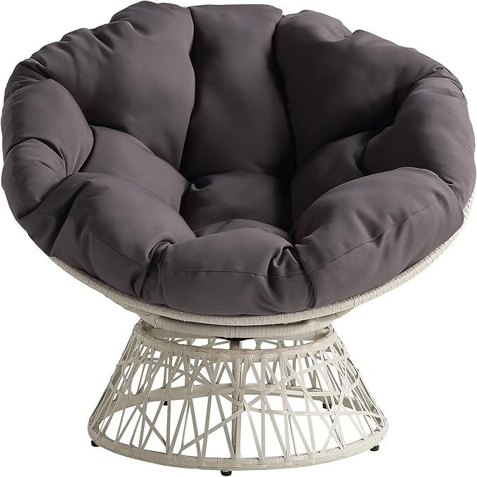 OSP Home Furnishings Wicker Papasan Chair with 360-Degree Swivel Cream Frame with Grey Cushion