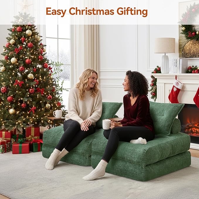 Folding Sofa Bed Fold Out Chair Bed with Pillow Convertible Sleeper Chair for Living Room/Small Spaces Foldable Lazy Sofa Bed Floor Chair Comfy Teddy Velvet Couch Bed Forest Green