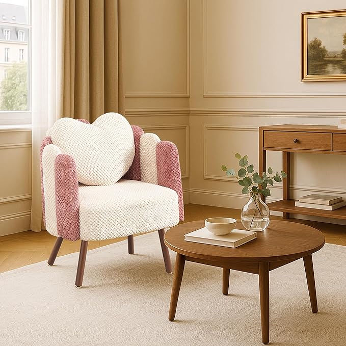 Modern Velvet Petal Accent ChairCute Vanity Chair with Back and Wood LegsHome Reading Chair Armchair for Living RoomMakeup RoomBedroom (Beige+Pink)