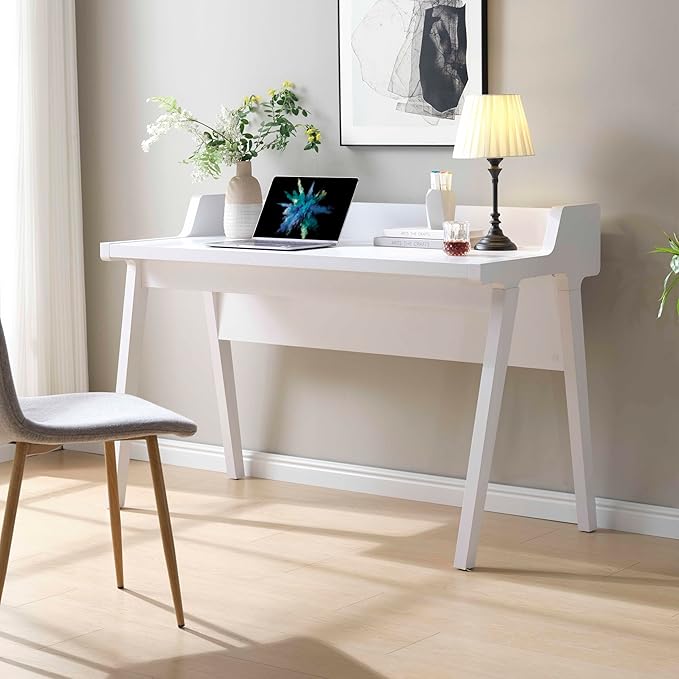 Modern Home Office Writing Desk with Ground Outlet &amp USB-A Ports Wooden Leg Frame Finished Back - Ideal Computer Gaming Desk Corner Desks Bedroom Craft Study Table Work Standing DesksWhite