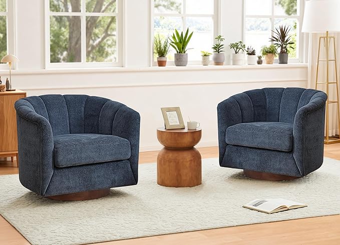 SITJOY Swivel Accent Chair Mid Century Modern Barrel Armchair with Solid Ash Wood Base Upholstered Chair for Living Room Bedroom Fabric in Navy