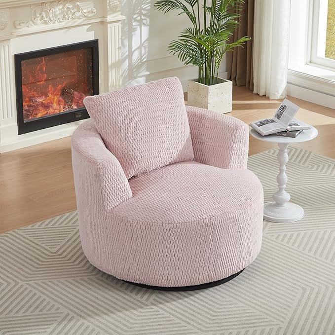 Swivel Accent Barrel Chair 360 Degree Faux Fur Comfy Round Swivel Chair with Pillow Modern Lounge Reading Armchair Upholstered Cozy Sofa Chairs for Living Room Bedroom Apartment Offices(Pink)