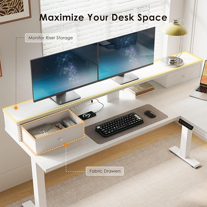 Casaottima 59 Inch Electric L-Shaped Standing Desk with Drawers Height Adjustable Stand Up Corner Desk with Monitor Stand Lift Table for Home Office Workstation White