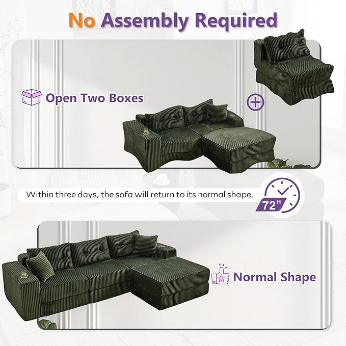 TYBOATLE Modular Sectional Sofa Couch Corduroy Cloud Boneless Foam Couch with Deep Seats &amp Cup Holder Modern Comfy Sleeper Sofa with L-Shape Chaise No Assembly (Forest Green)